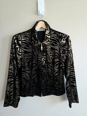 Ribkoff Black and Gold velour Zip-Up Jacket/Blazer Metallic Zebra Print.